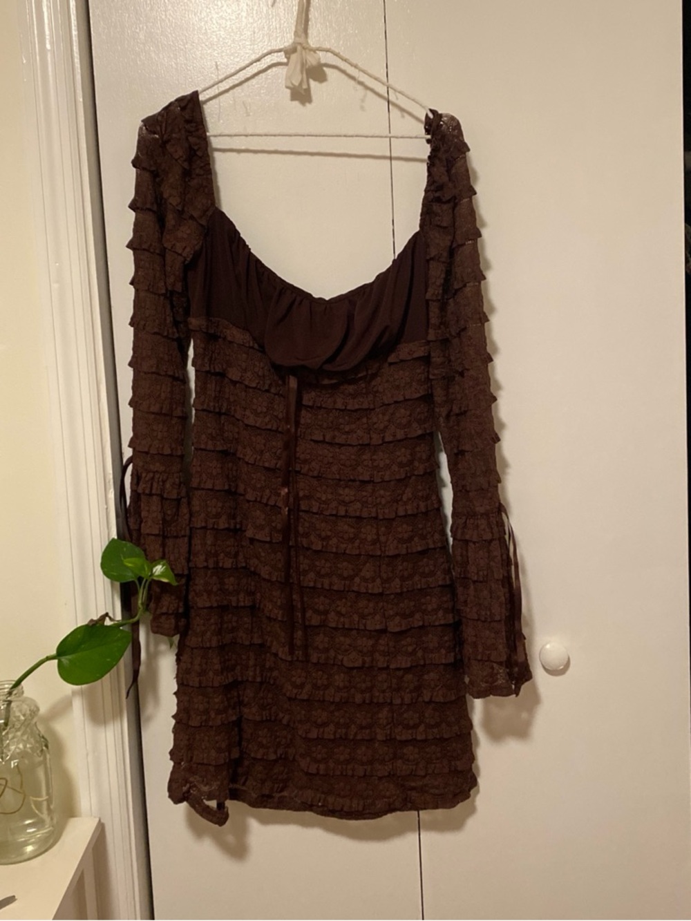 Fashion Nova Brown Ruffled Long Sleeve Dress